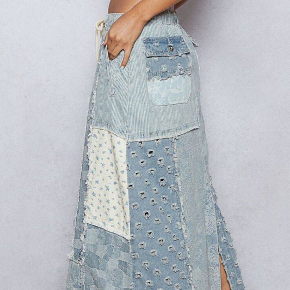 POL Clothing Floral Pattern Denim Patchwork Maxi Skirt (M & L) NEW! - Picture 2 of 11